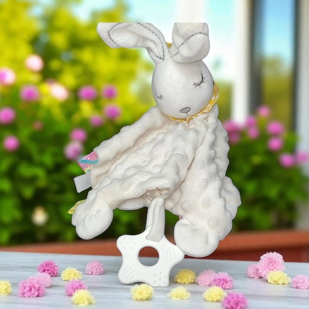 Appease Bunny Lovey Security Blanket White Rabbit Rattle Plush 10" Embroidered